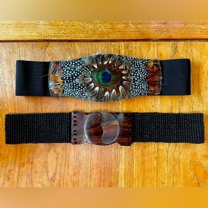 Peacock Feather & Wood Buckle Beaded Belt